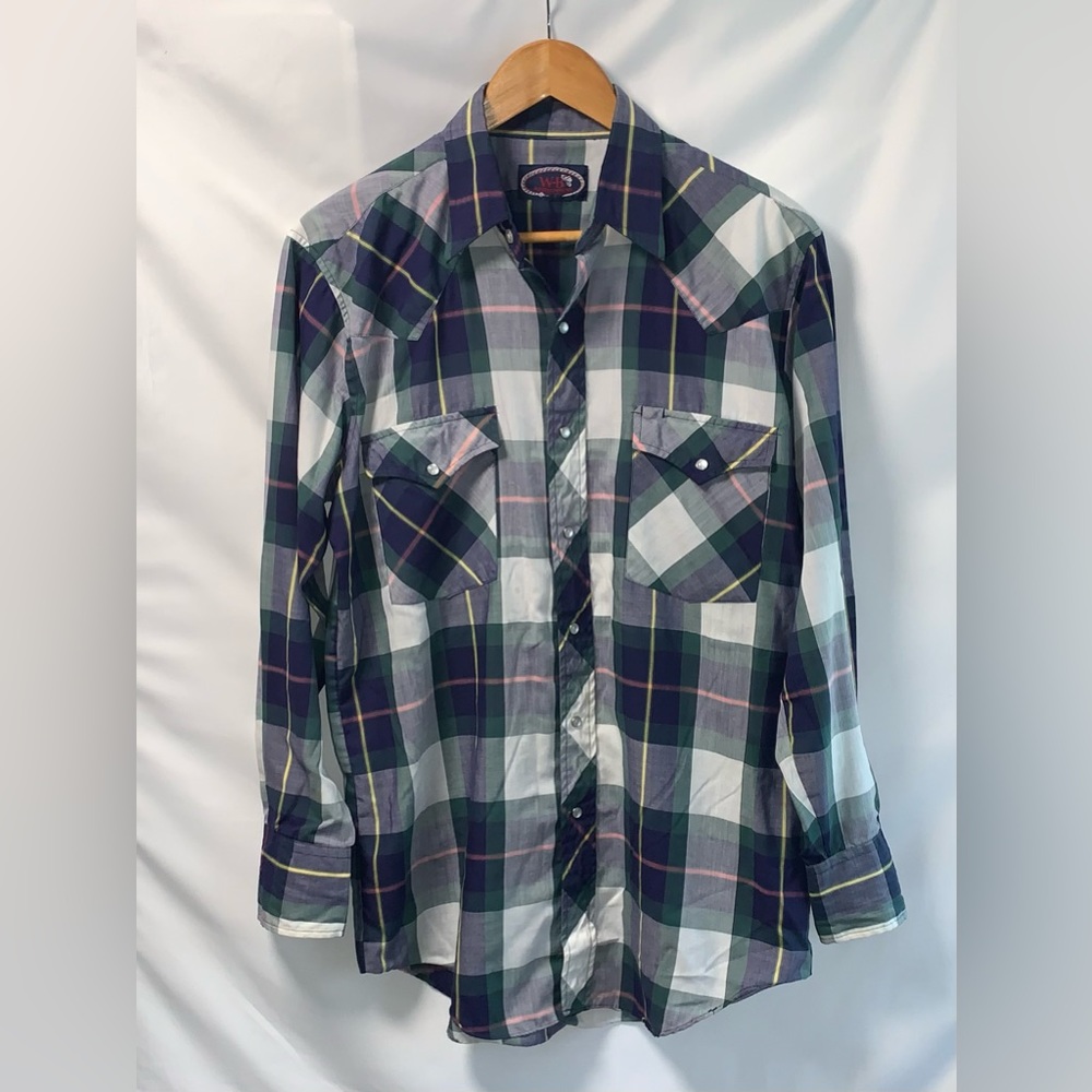 Vintage W-B Western Wear Blue Green & Pink Plaid Shirt Pearl Snaps Long Sleeves